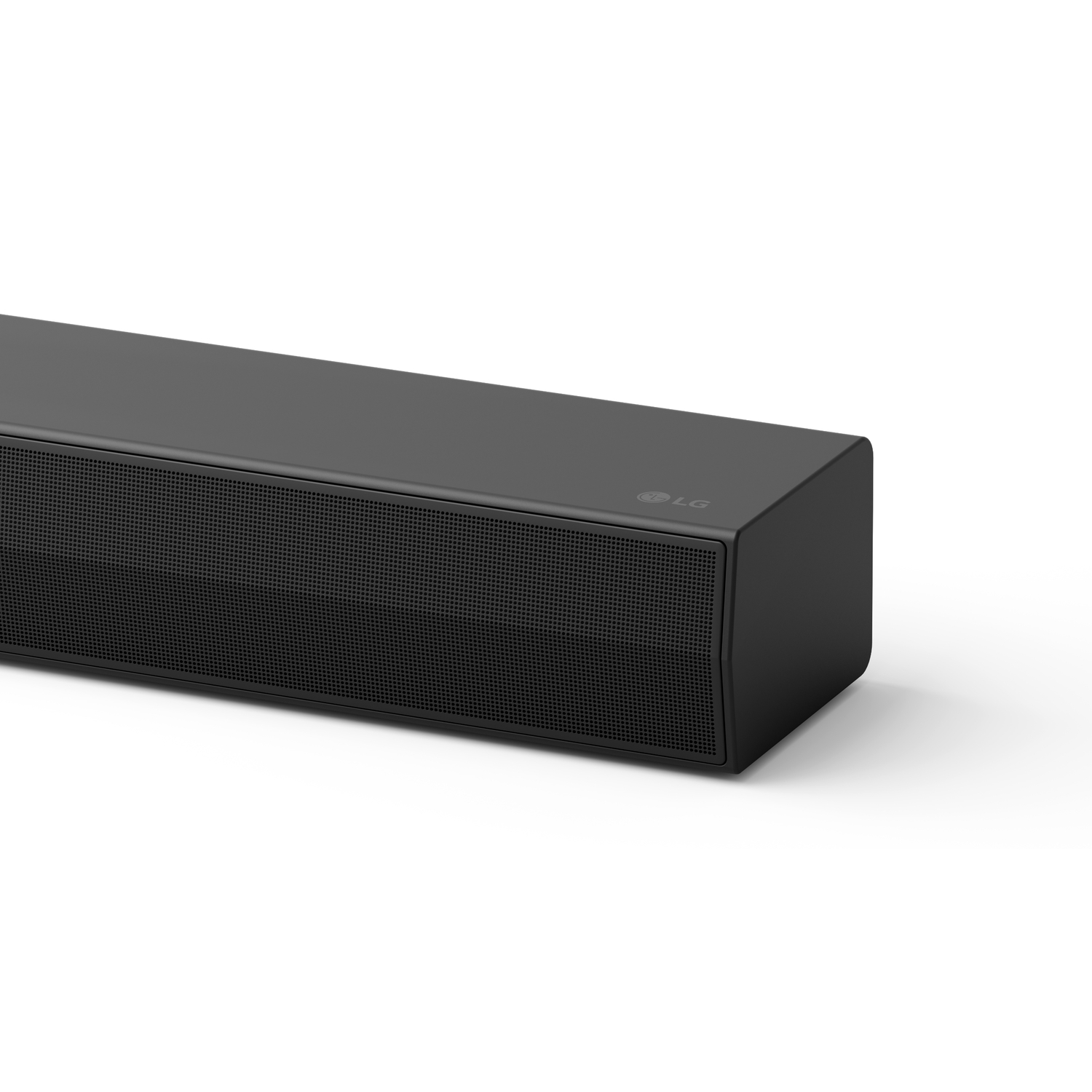 Zwarte soundbar met een rooster, het LG logo staat rechts.