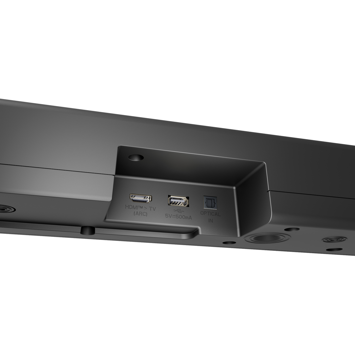 Close-up van de achterkant van een soundbar met poorten: HDMI, USB en optisch.