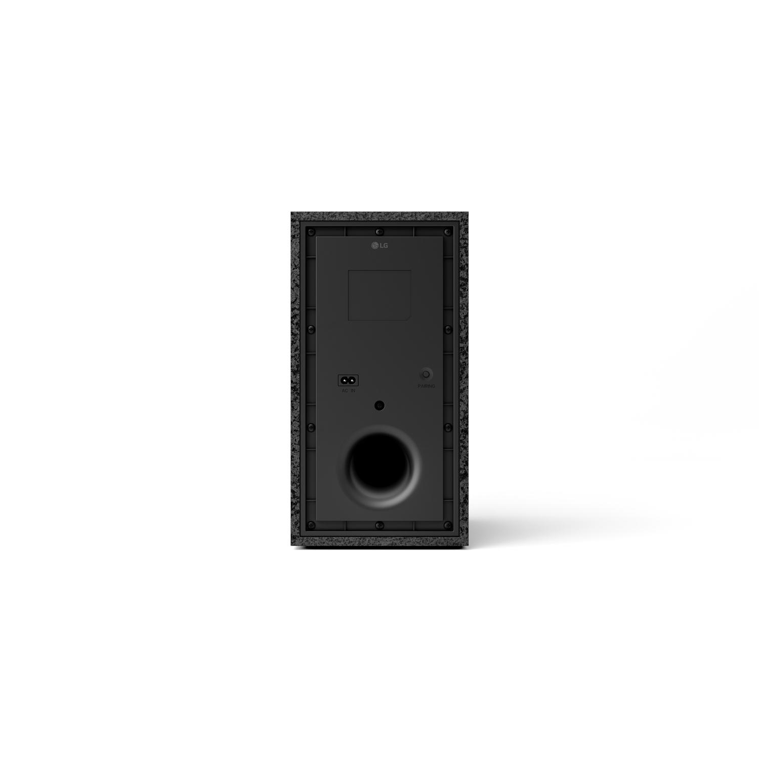 De achterkant van een zwarte LG soundbar. Er zijn verschillende poorten en een LG-logo. De luidspreker heeft een subwoofer.
