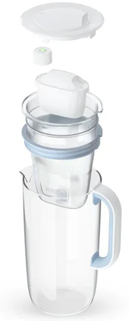 Zdemontowany dzbanek z filtrem do wody, pokazujący pokrywę, filtr i przezroczysty dzbanek.