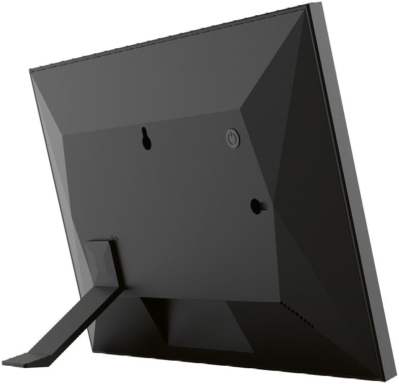 Egy sötétszürke digitális képkeret hátulja, állvánnyal.