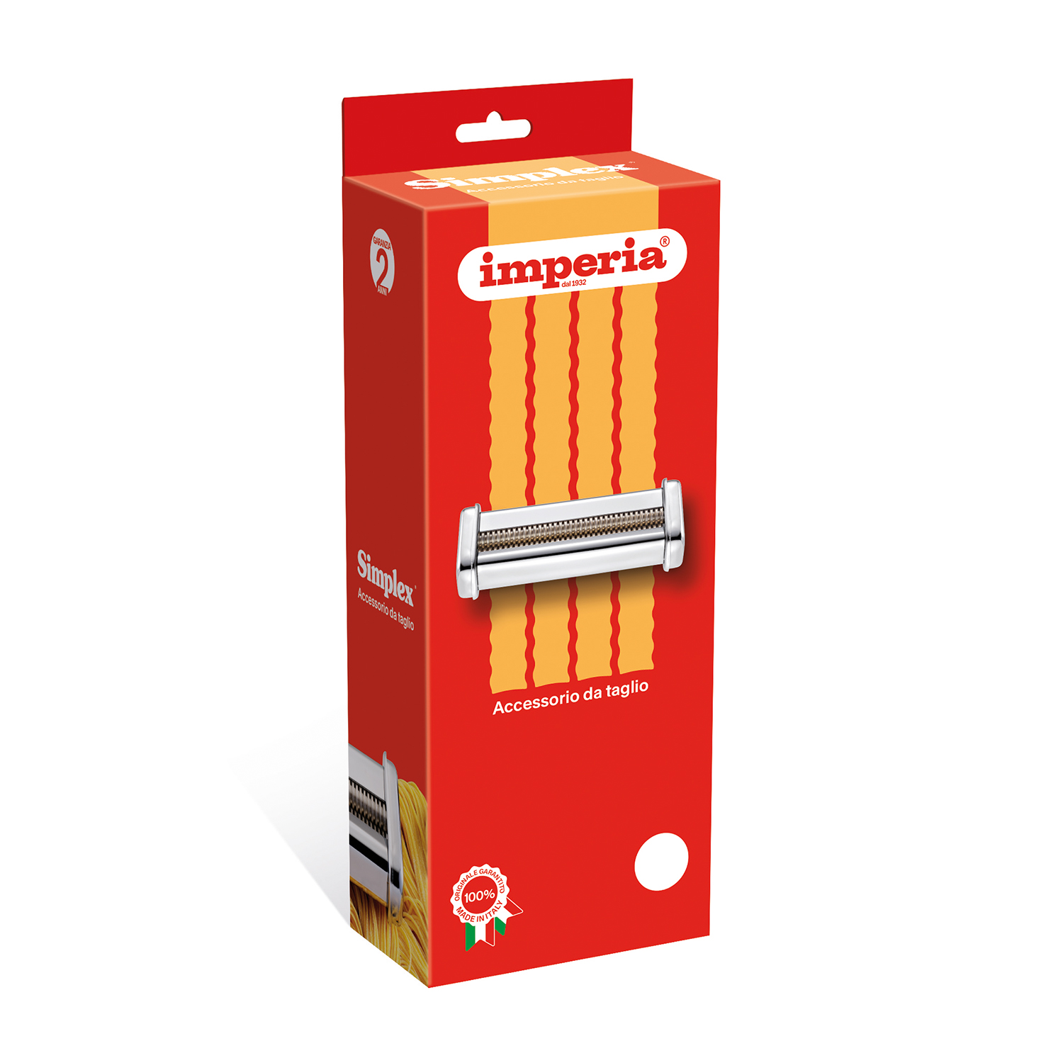 Scatola per macchina per pasta Imperia con accessorio per tagliare la pasta. La scatola è rossa con strisce gialle.