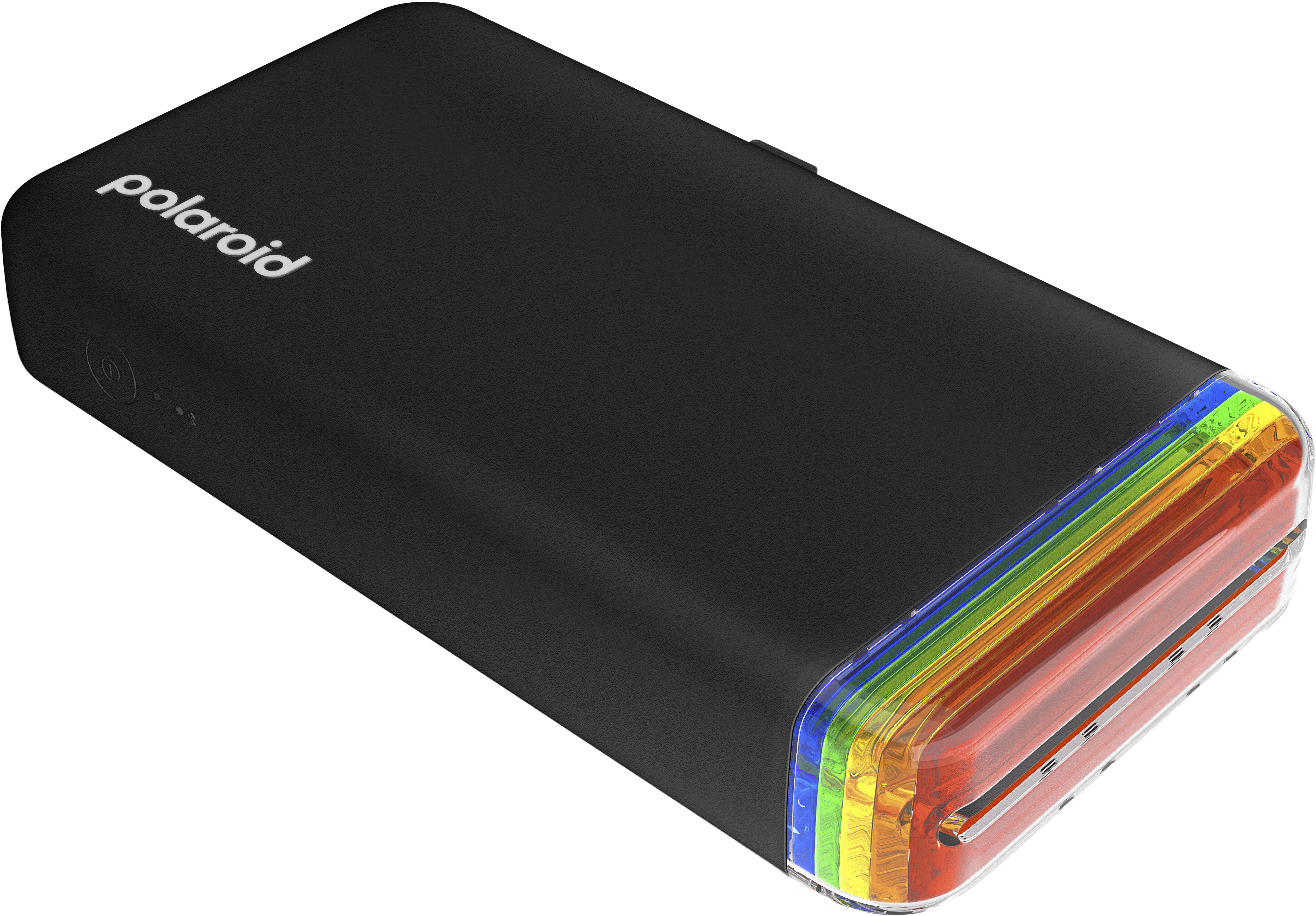 Czarny power bank Polaroid ze wskaźnikiem kolorów tęczy z boku.