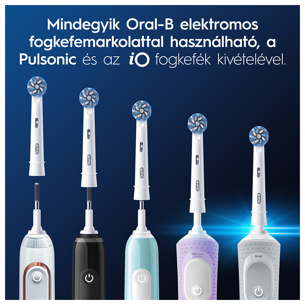 Különböző Oral-B elektromos fogkefefejek és nyél sötétkék háttér előtt.