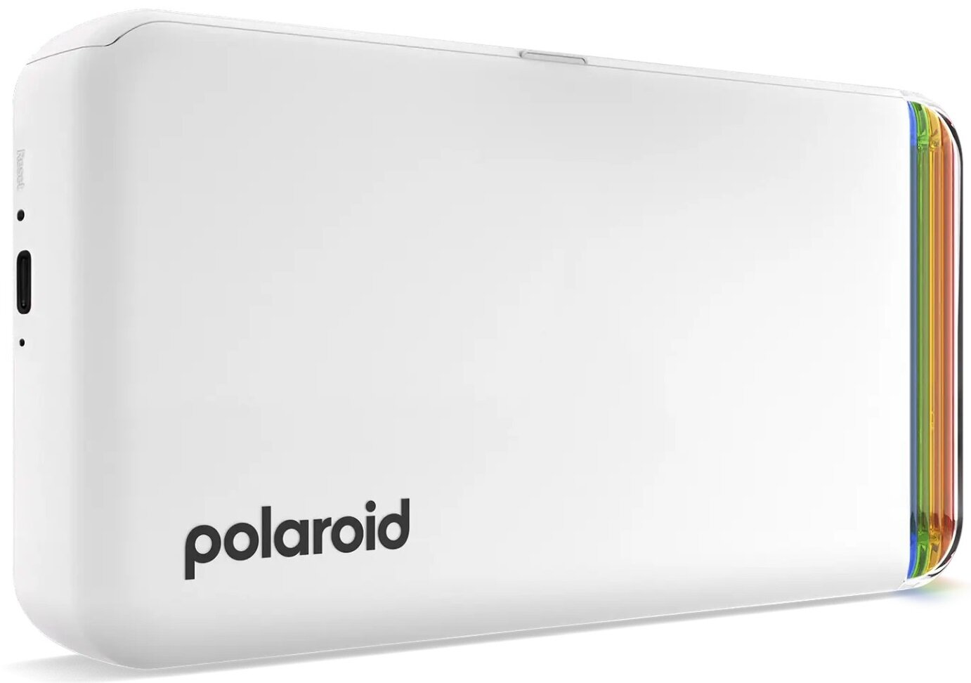 Biały aparat Polaroid z tęczowym paskiem wzdłuż jednej krawędzi i słowem 'polaroid'.