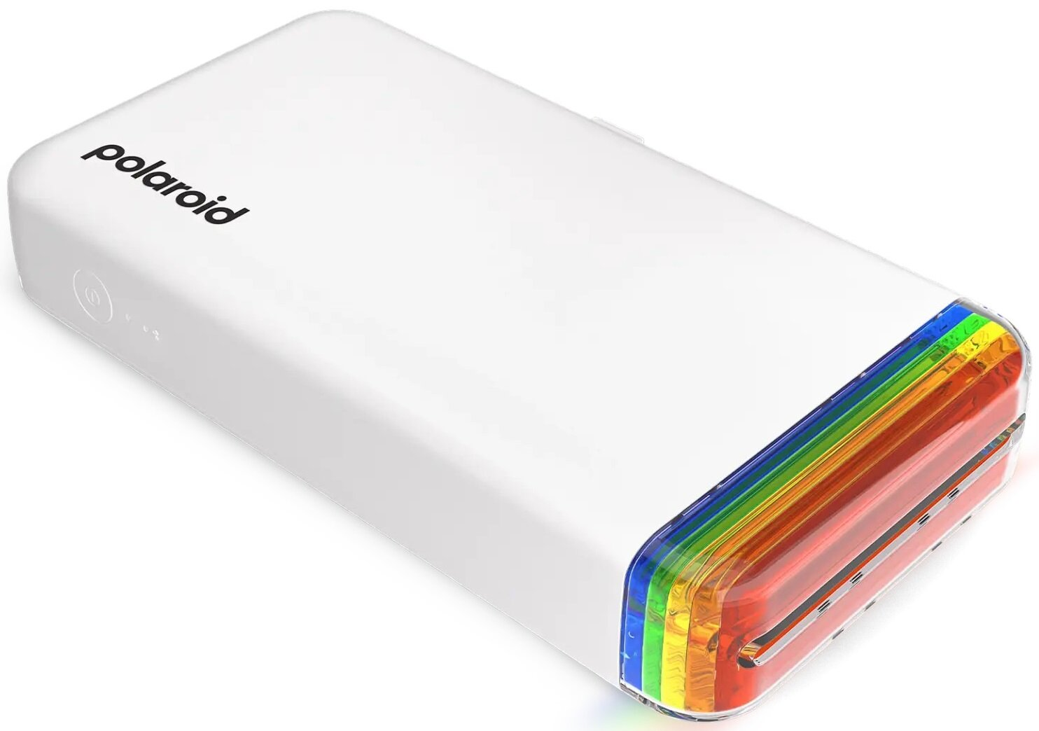 Biała drukarka Polaroid z tęczową krawędzią.
