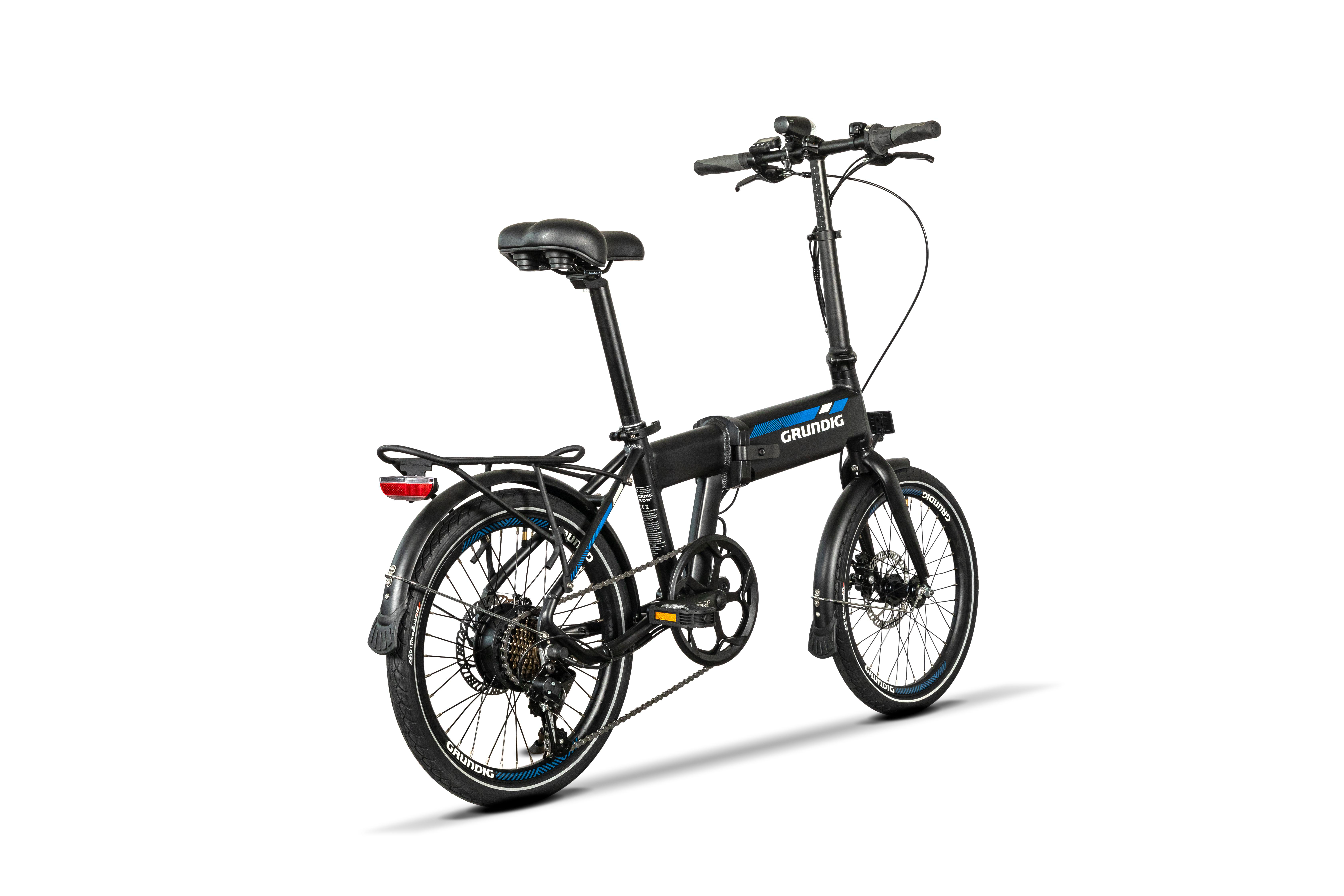 Schwarzes Klapprad mit blauen Akzenten und einem Grundig-Logo.