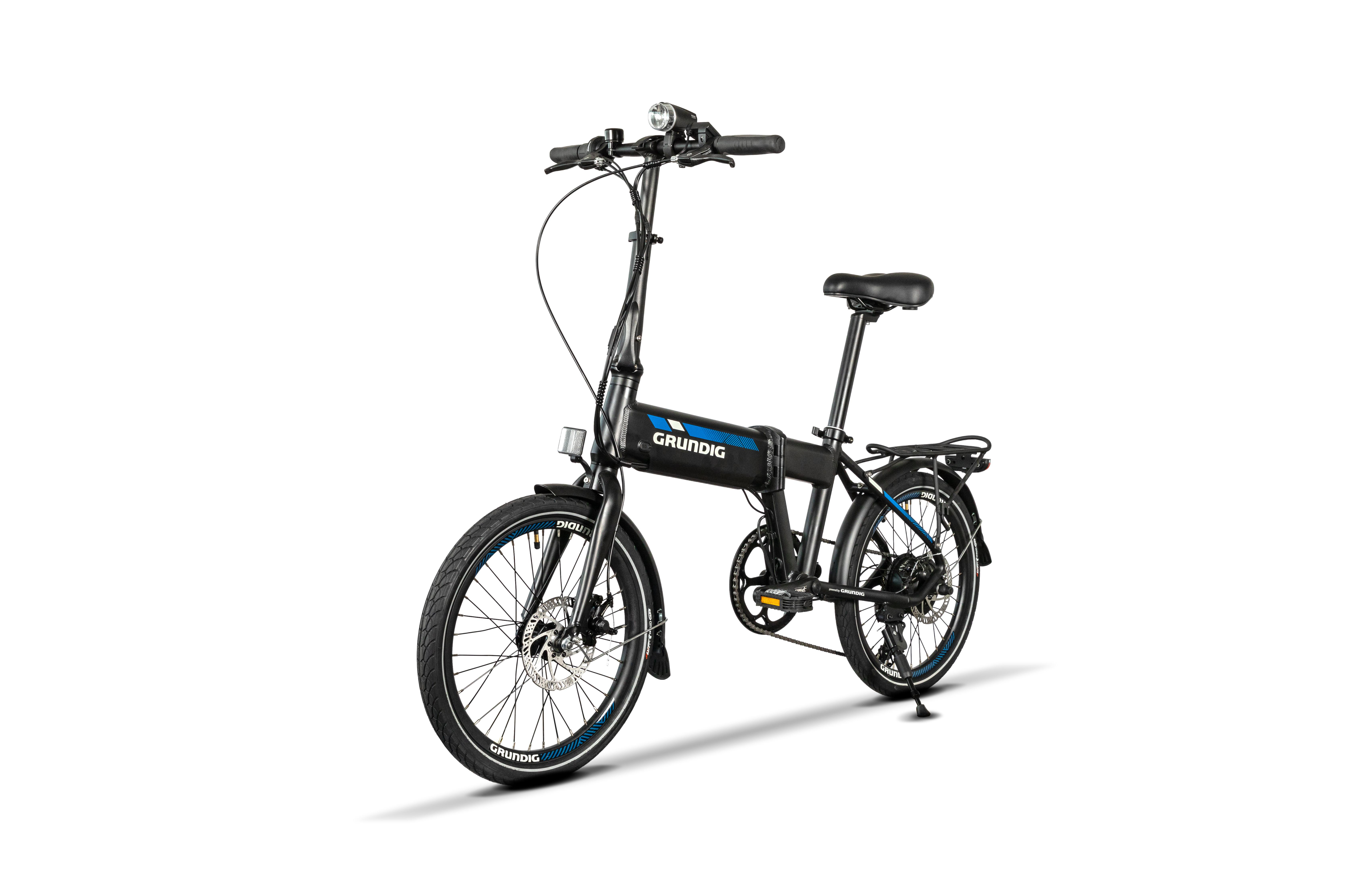 Schwarz-blaues Klapp-E-Bike, weißer Hintergrund, mit Grundig-Logo.