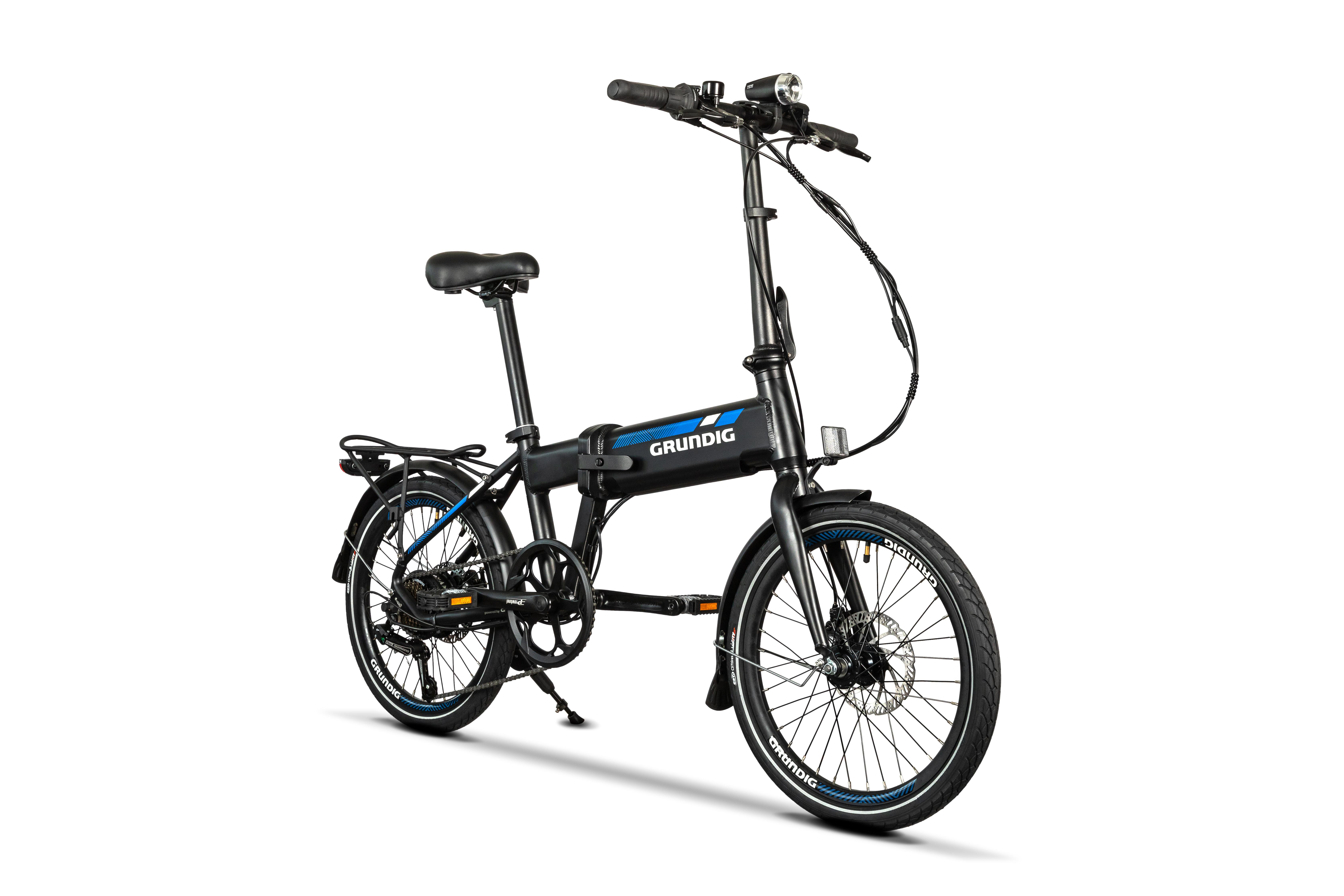 Ein schwarzes, zusammenklappbares Elektrofahrrad mit blauen Akzenten und einem Grundig-Logo.
