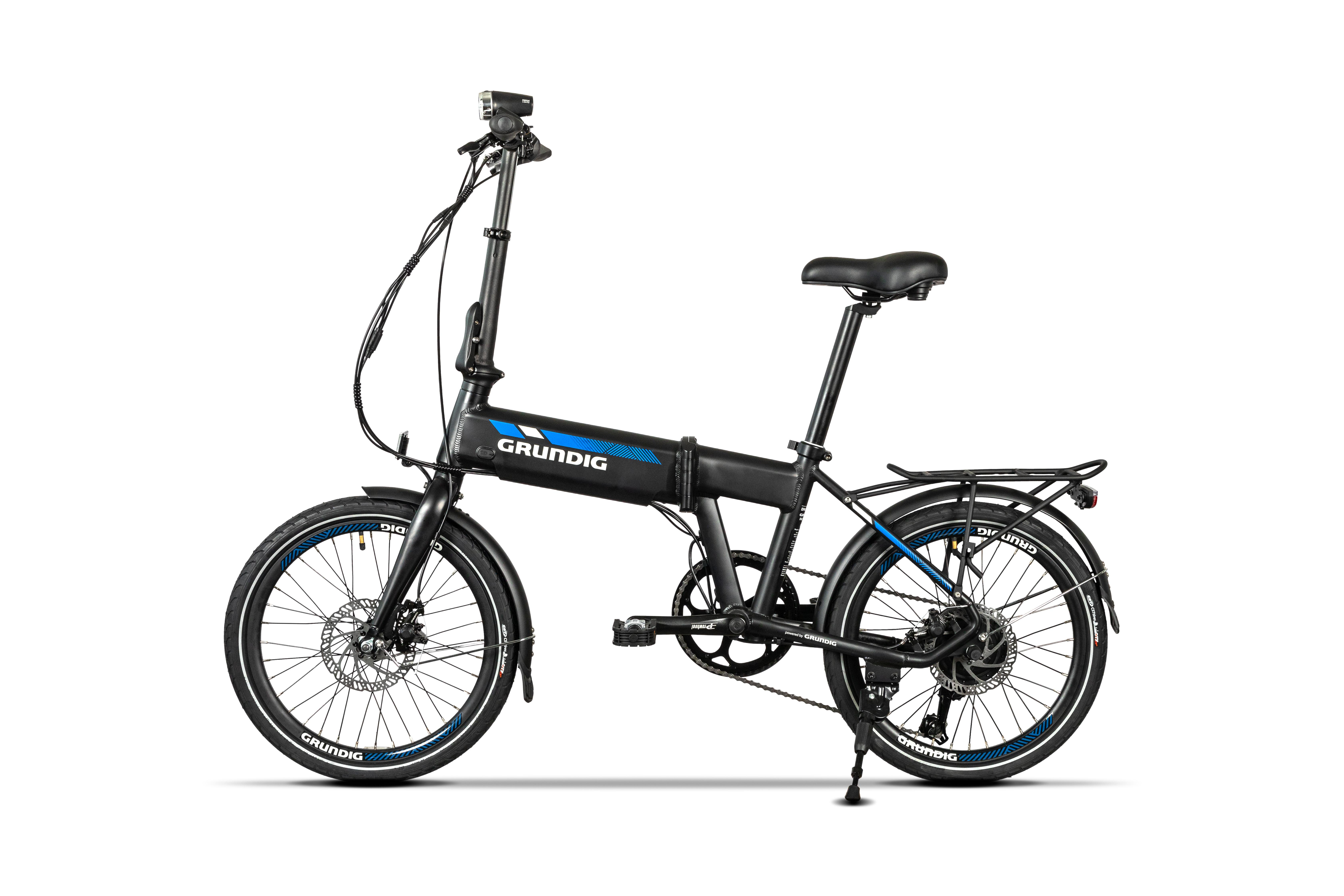 Faltbares schwarzes Grundig E-Bike auf weißem Hintergrund, Seitenprofil.