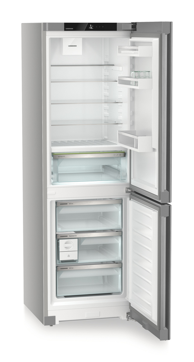 Kühlschrank mit geöffneter Tür, die Innenausstattung zeigend. Graue Außenseite mit weißer Innenseite.