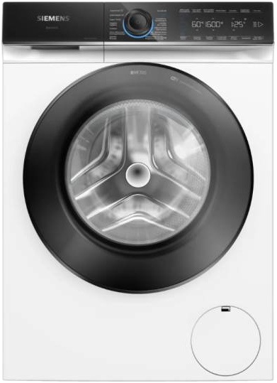 Un lave-linge Siemens. Il est blanc avec une porte noire et un écran d'affichage. Fond blanc.