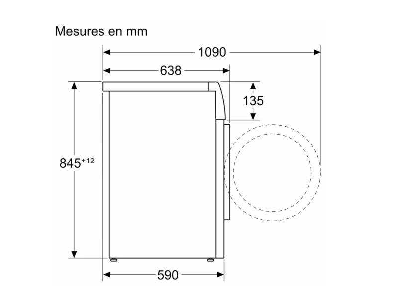 Diagramme d'un lave-linge avec dimensions et mesures en millimètres.