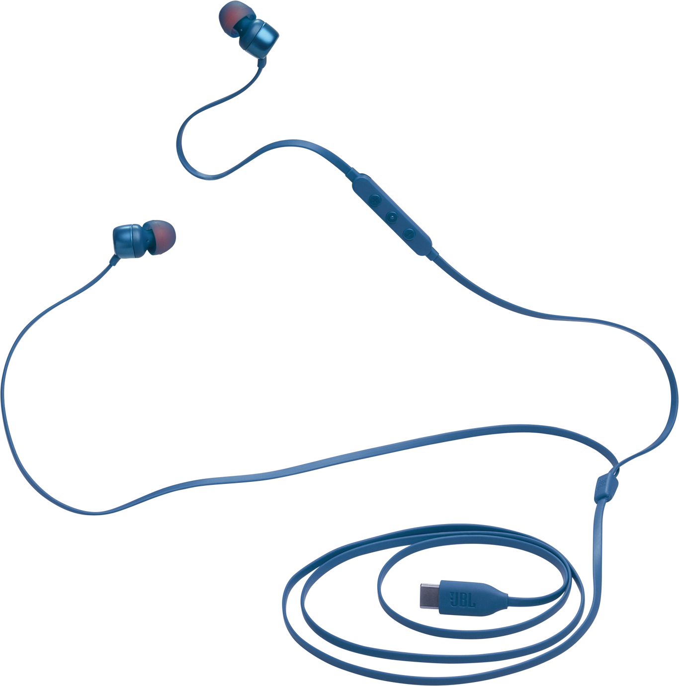 Écouteurs intra-auriculaires bleus avec un câble et un connecteur USB-C. Les écouteurs sont sur fond noir.