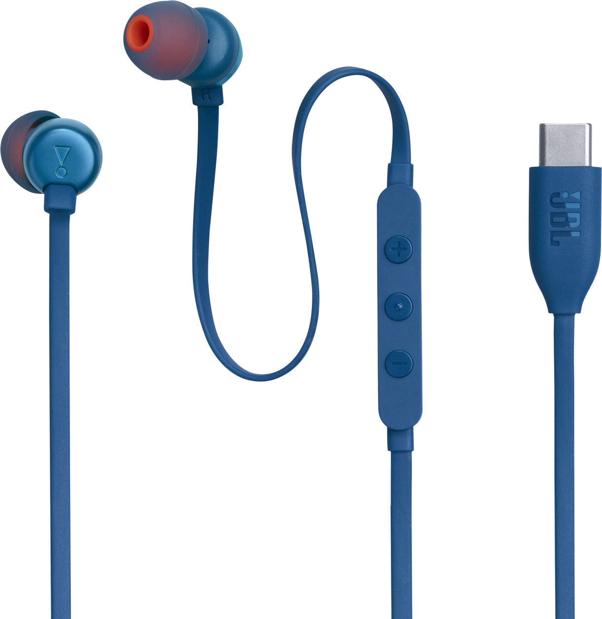 Écouteurs intra-auriculaires JBL bleus avec embouts orange et un câble bleu, se terminant par un connecteur USB-C.