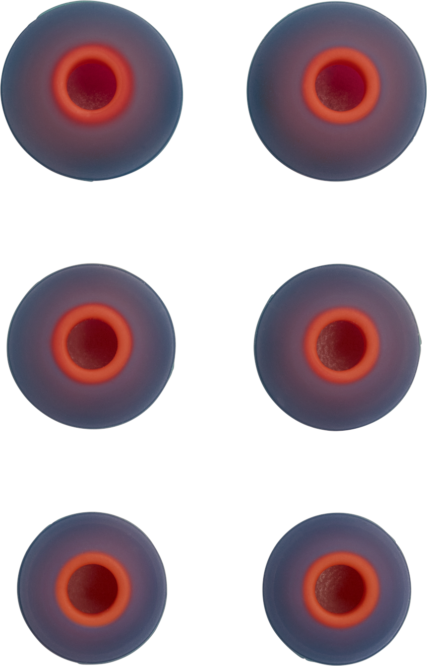 Six embouts auriculaires dans un motif, avec des centres rouges et des bords bleus.
