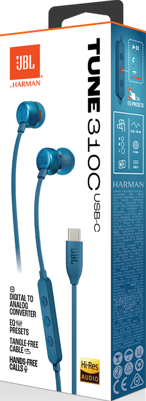 Emballage de produit d'écouteurs, écouteurs bleus et câble USB-C.