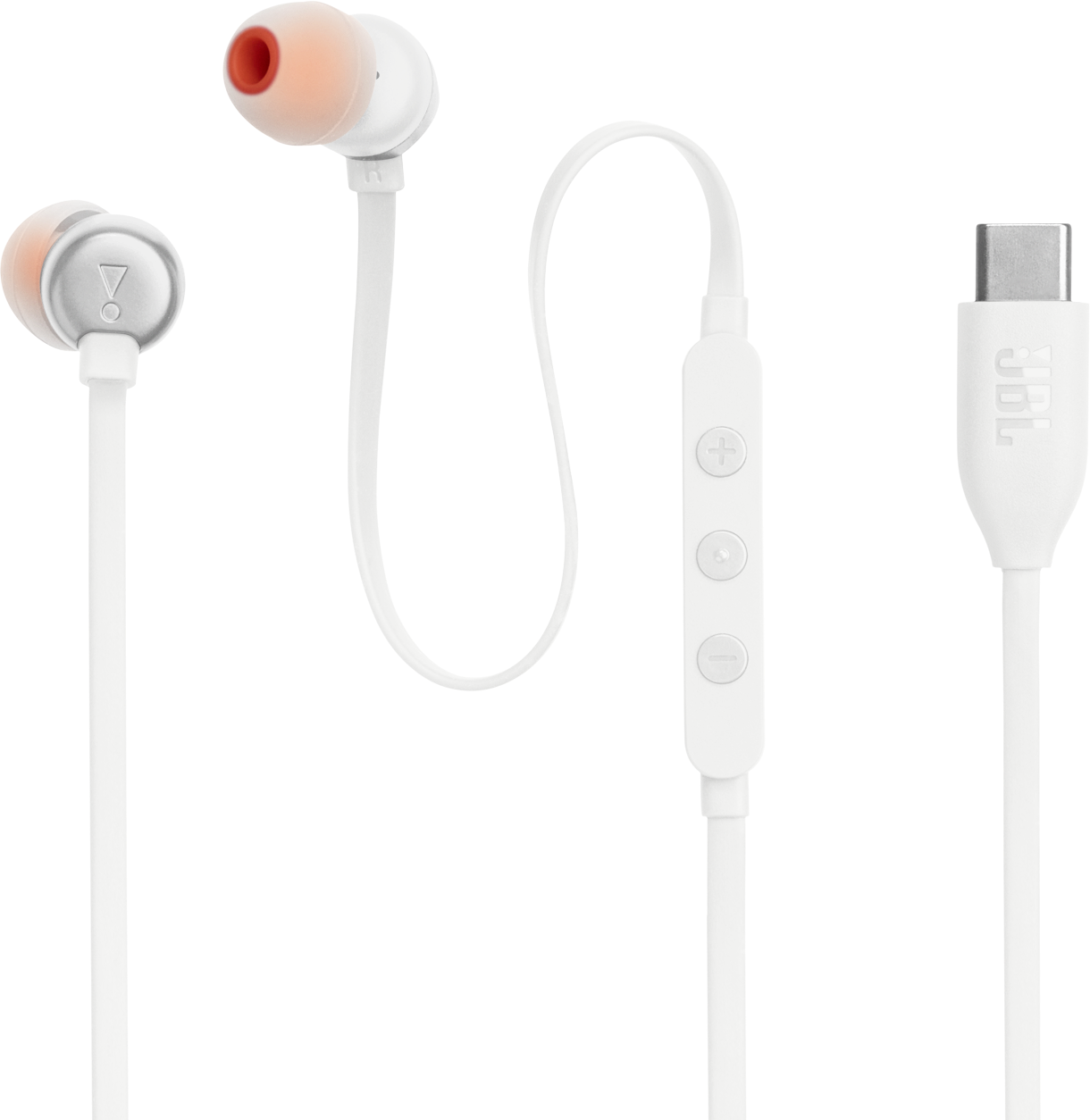 Weiße Ohrhörer mit Steuermodul und USB-C-Anschluss. Orangefarbene Akzente an den Knospen.