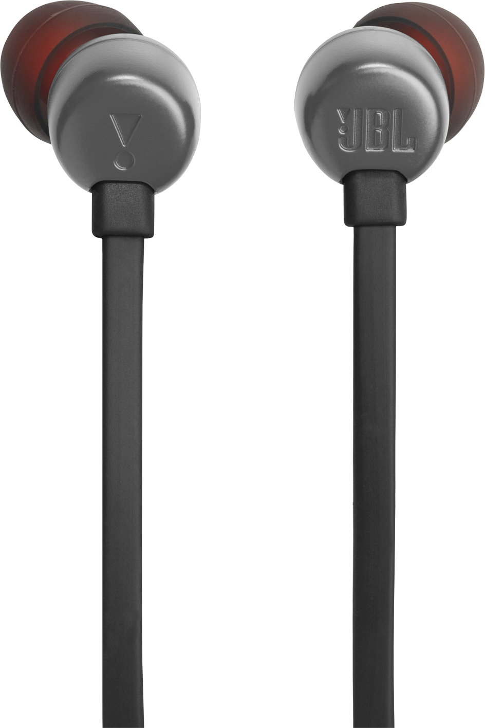 Schwarze JBL-Ohrhörer mit grauen Ohrstöpseln und roten Akzenten.