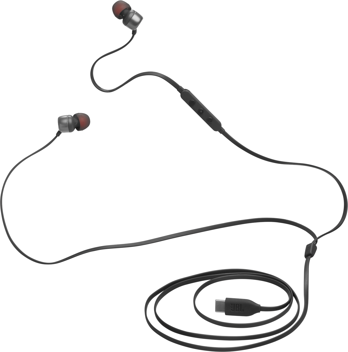Schwarze JBL In-Ear-Kopfhörer mit roten Ohrstöpseln, verbunden mit einem USB-C-Kabel.