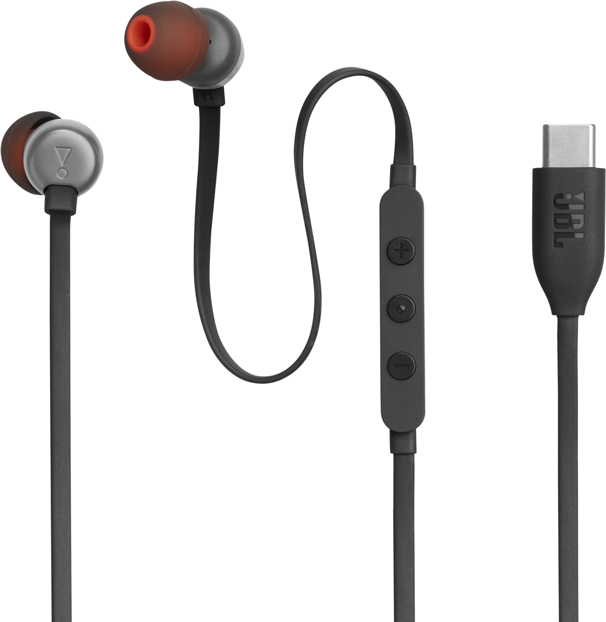 Schwarze JBL-Ohrhörer mit orangefarbenen Spitzen, Drei-Tasten-Steuerung und USB-C-Anschluss auf schwarzem Hintergrund.