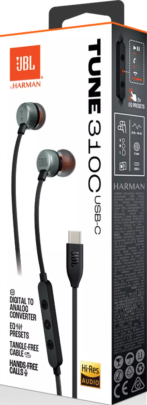 JBL Tune 310C Kopfhörer in einer Box, die Ohrhörer und ein USB-C-Kabel zeigt. Weißer Hintergrund.