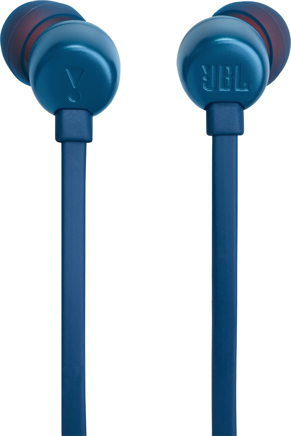 Deux écouteurs JBL bleus sur fond noir. L'écouteur gauche a le logo JBL, le droit le logo V.