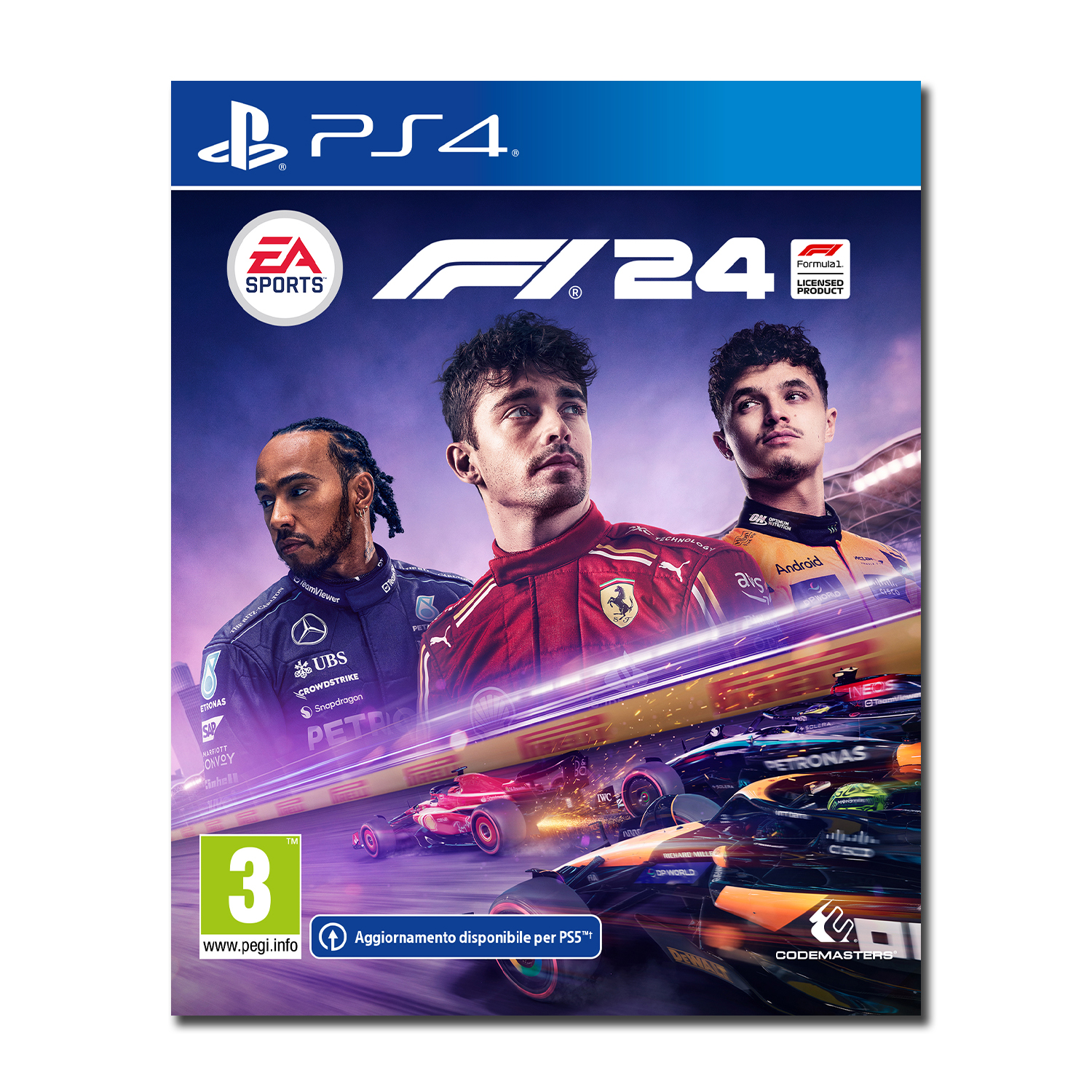 Copertina del videogioco F1 24. Presenta piloti e auto da corsa. Logo PS4 in alto.