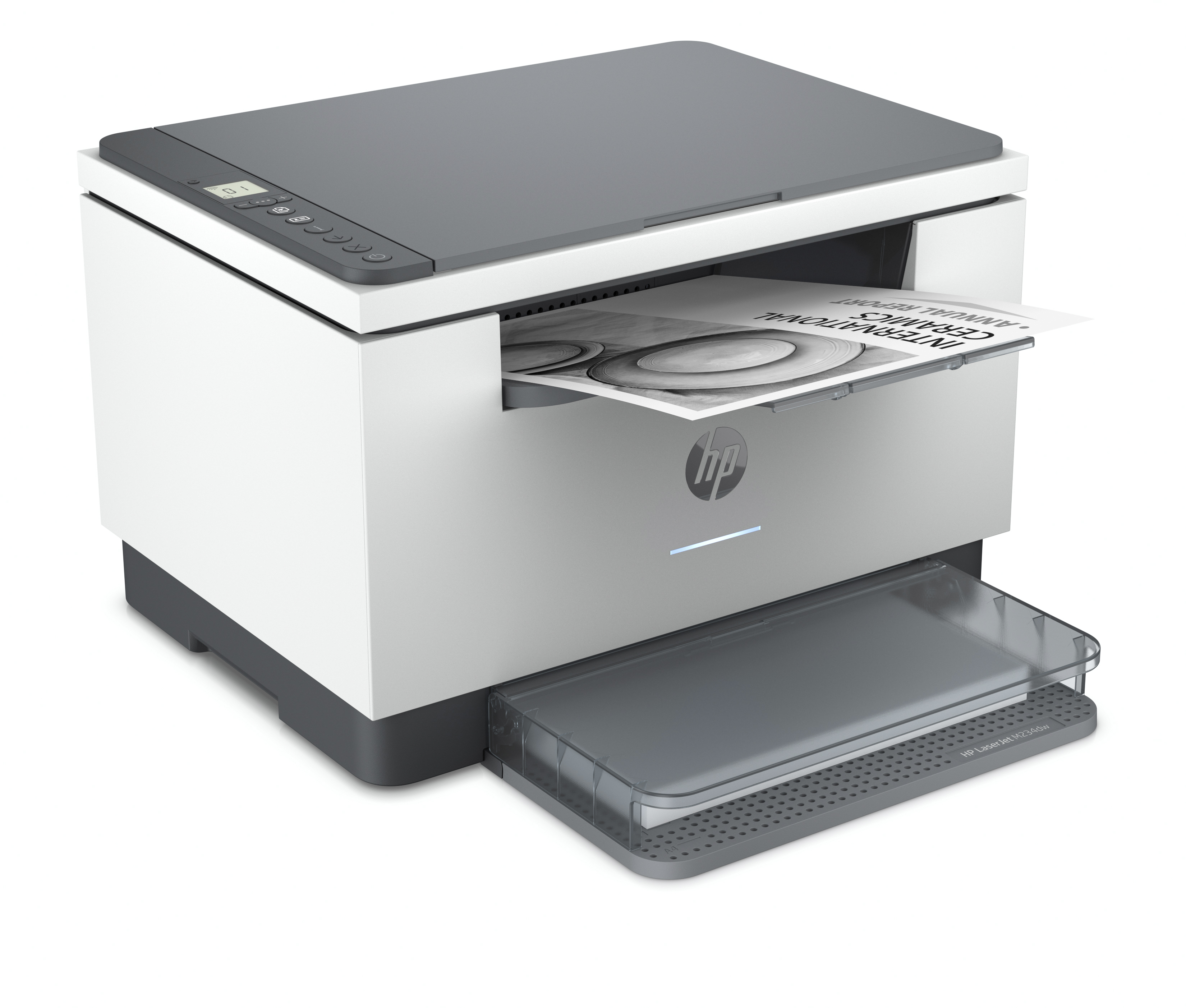 Una impresora HP imprimiendo un documento. Es blanca con tapa gris y bandeja de papel.