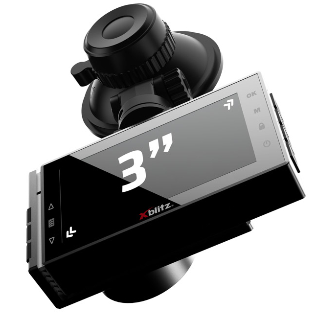 Kamera samochodowa zamontowana na przedniej szybie z ekranem wyświetlającym "3" i logo xblitz.