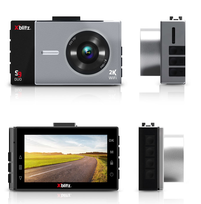 Kamera samochodowa z wielu kątów, z ekranem pokazującym widok z drogi i przyciskami po bokach.