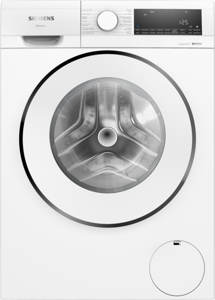 Lave-linge Siemens blanc avec porte ronde et panneau de contrôle en haut.