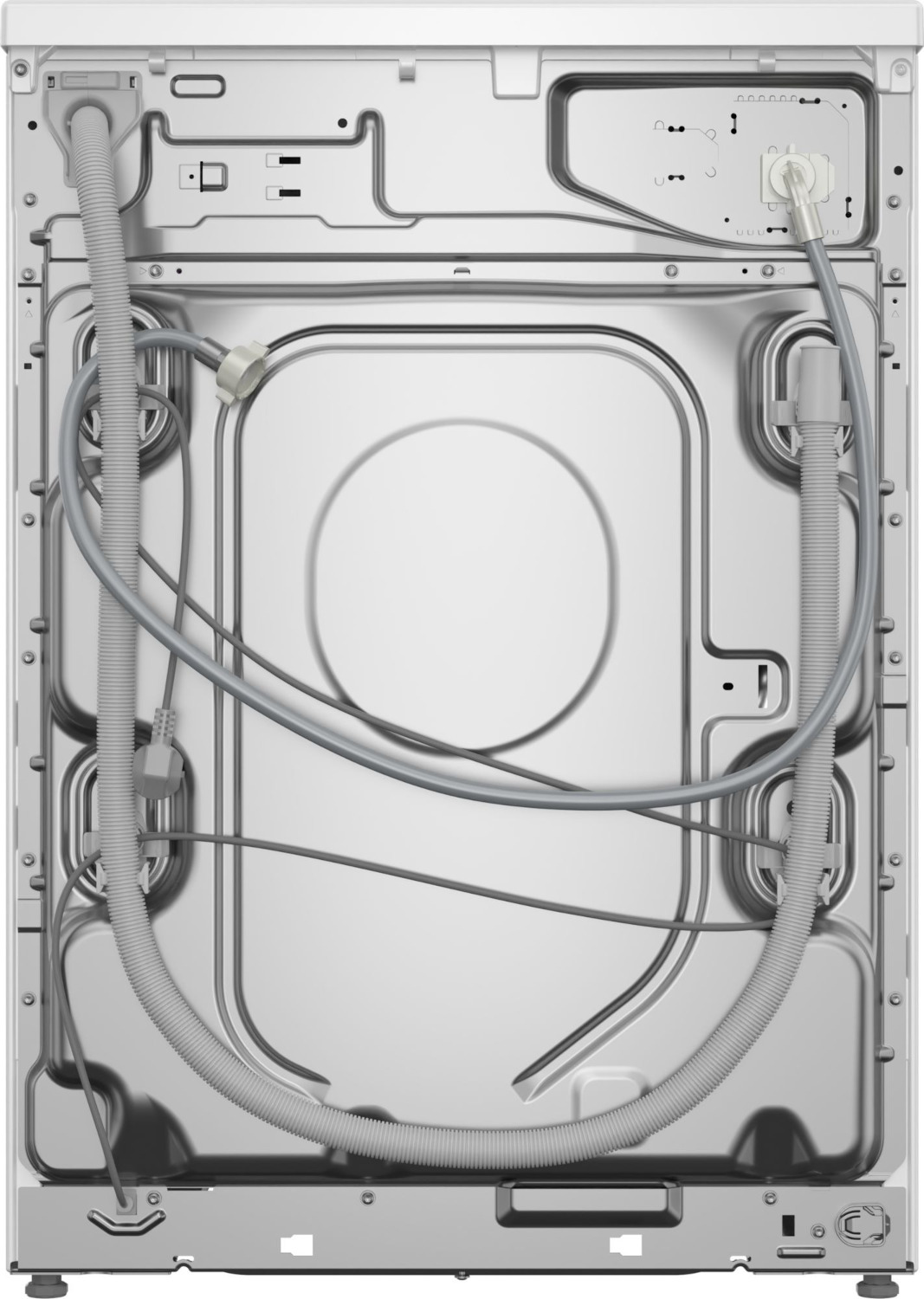 Arrière d'une machine à laver avec divers tuyaux, câbles et connexions dans un intérieur blanc.