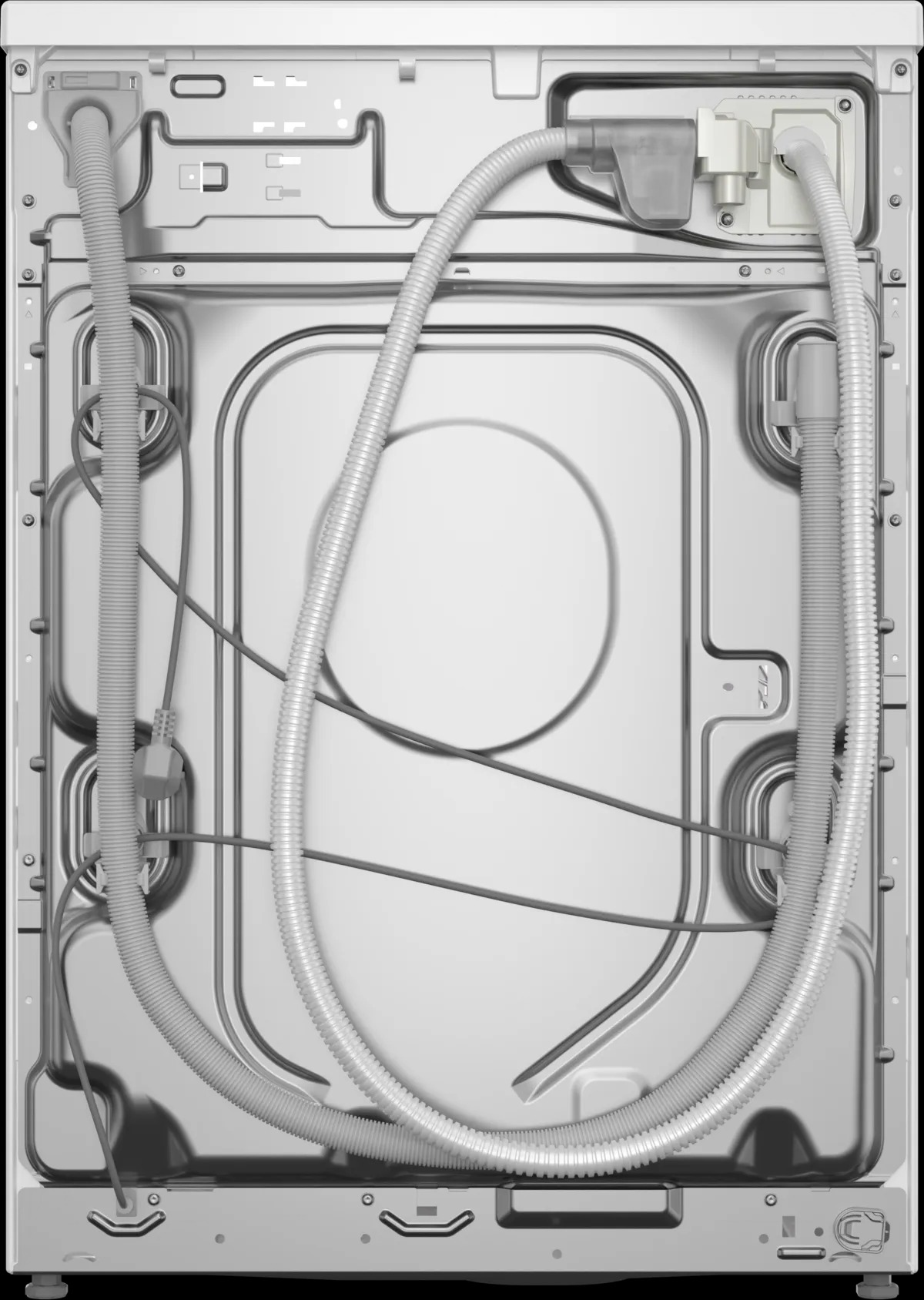 Backside of a white washing machine with pipes and a power cable.