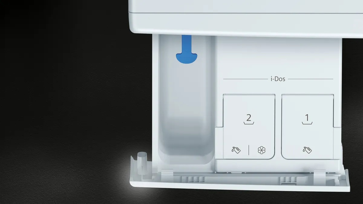 Washing machine drawer with compartments. i-Dos, compartment 1 and 2 are labeled.