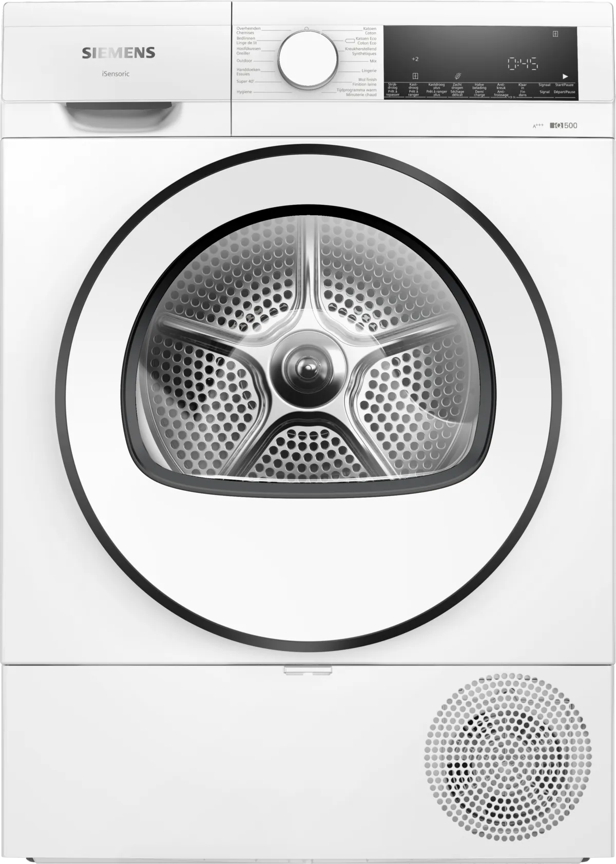 Un lave-linge Siemens blanc, avec une porte circulaire et un panneau de contrôle.