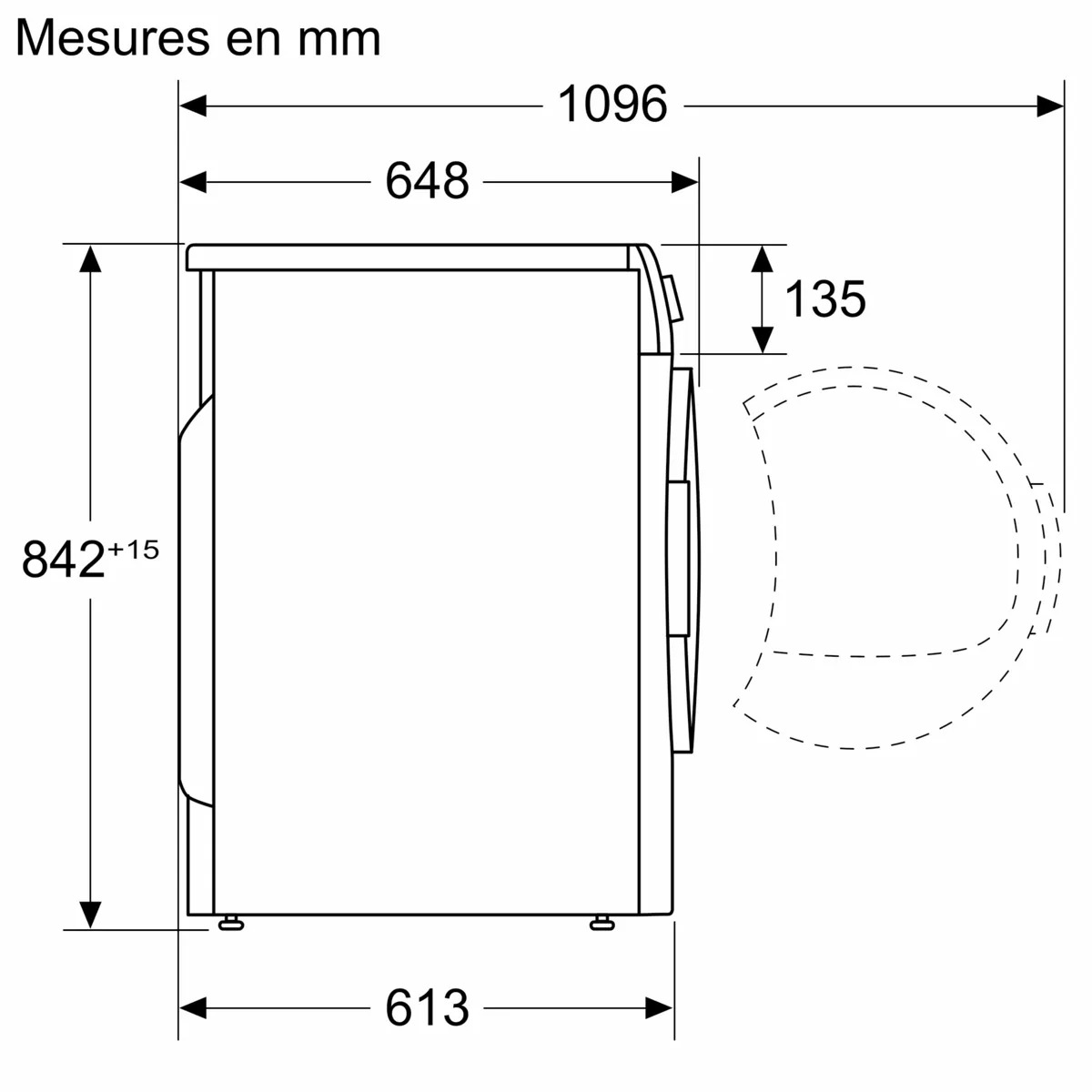 Dessin au trait d'une machine à laver, avec dimensions en millimètres fournies.