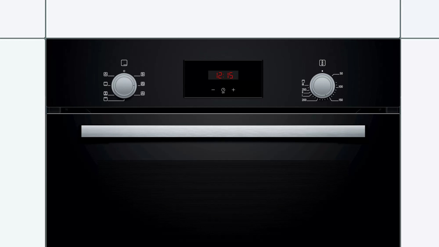 Black built-in oven with two knobs, a digital display showing 12:15, and a handle.