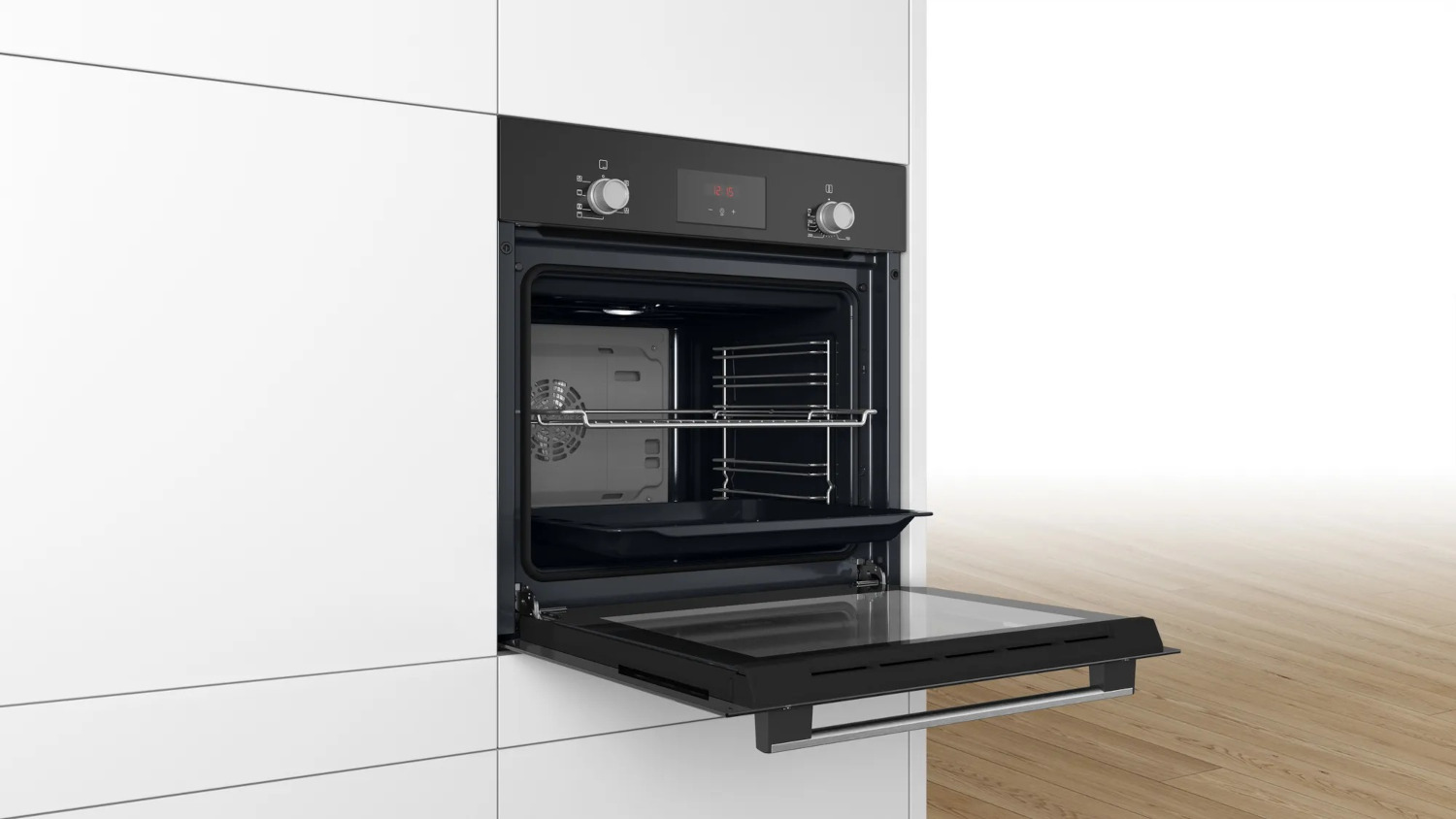 Built-in oven with the door open, showing the interior and controls.