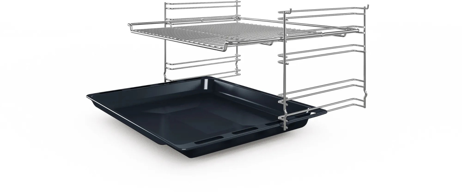 Oven rack and tray. Metal rack above a black tray. White background, angled view.