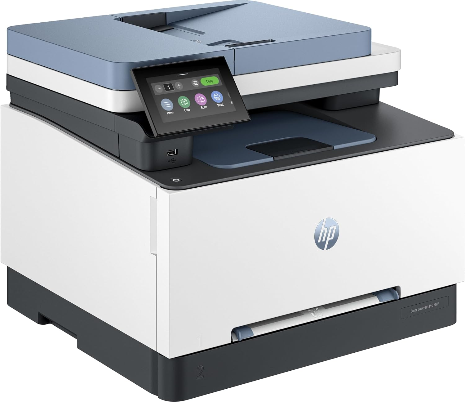Una impresora HP Color LaserJet Pro MFP, con pantalla táctil y funciones de copia.