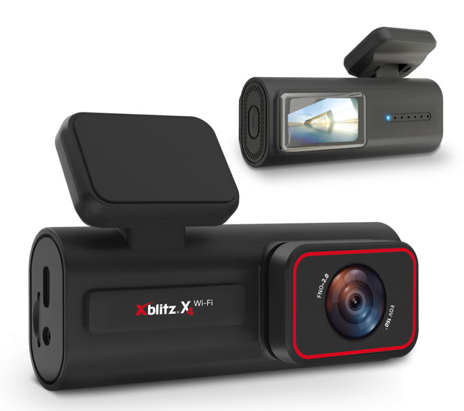 Dwie czarne kamery samochodowe, górna pod kątem, dolna prosto.