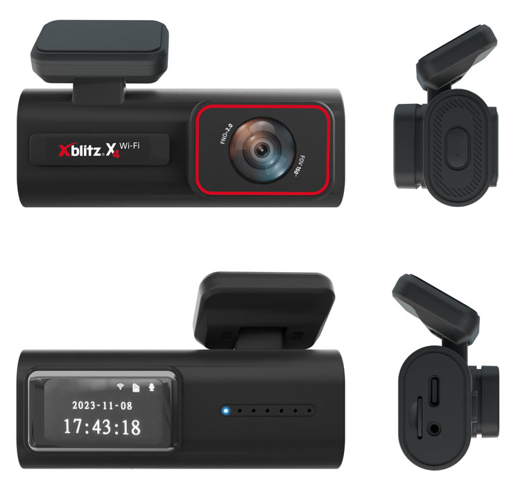 Czarna kamera samochodowa z wieloma kątami, pokazująca przód, bok i szczegóły ekranu.