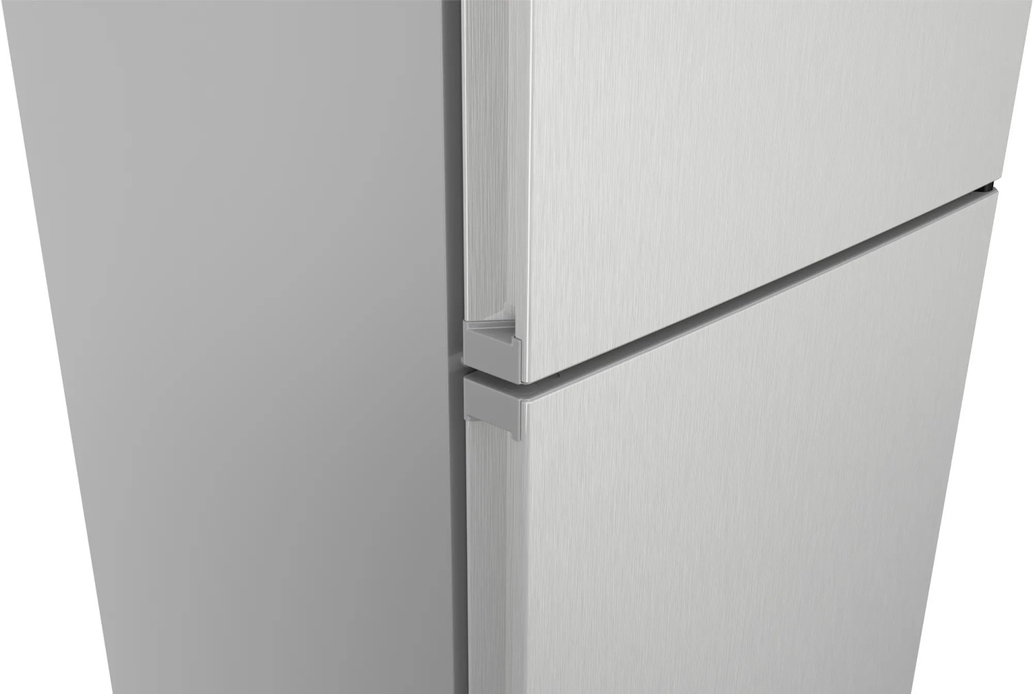 Silver refrigerator close-up, showing doors and handles.