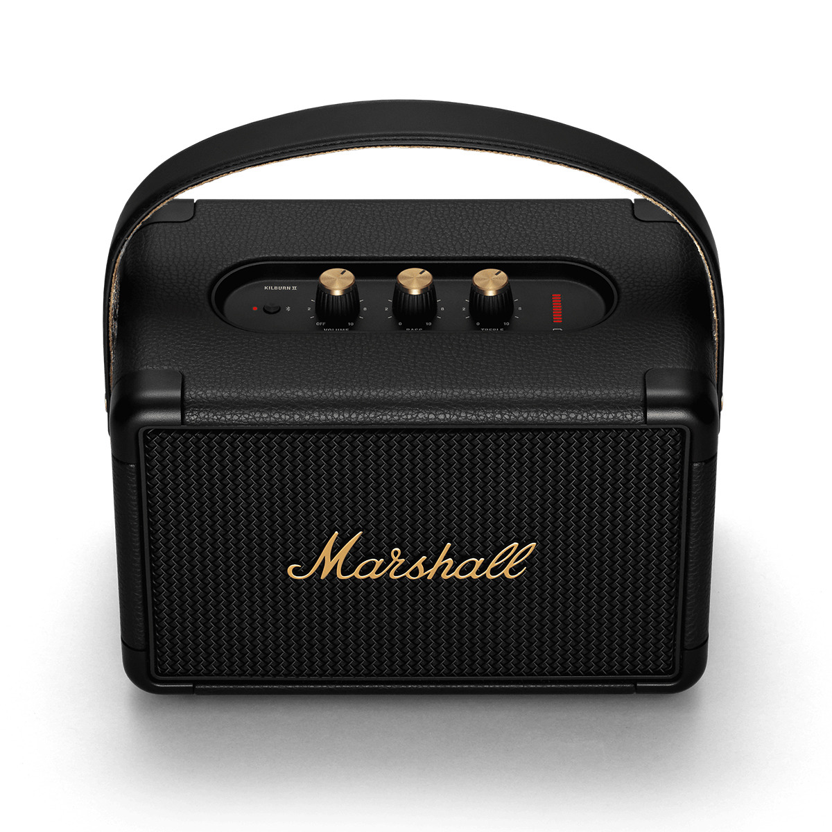 Altavoz Marshall negro con controles dorados y asa.