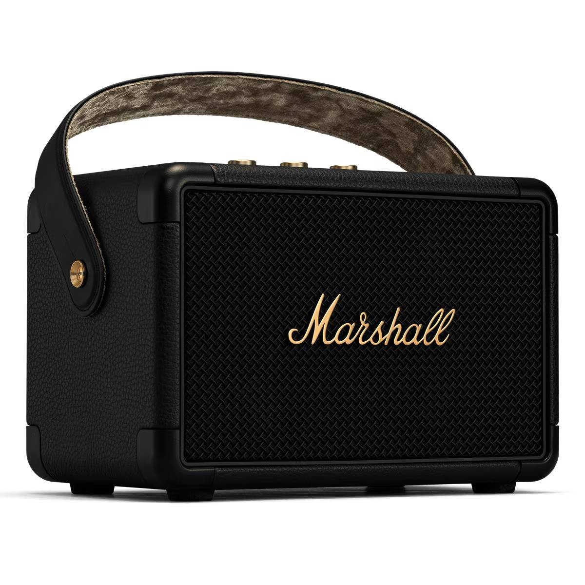 Altavoz Marshall negro con asa, logotipo y botones dorados. Se encuentra sobre una superficie blanca.