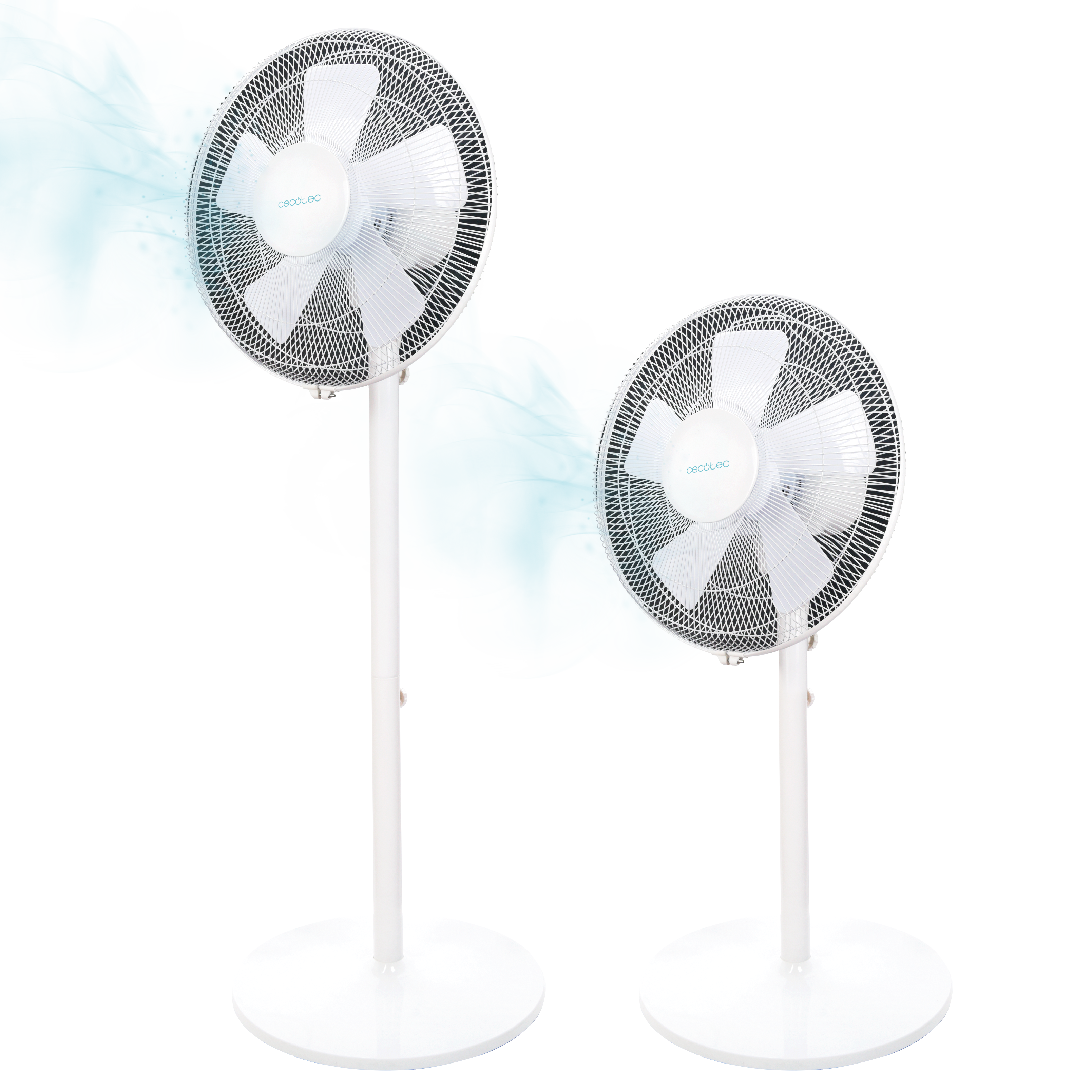 Dos ventiladores de pie blancos sobre bases blancas, con formas de fondo azules.
