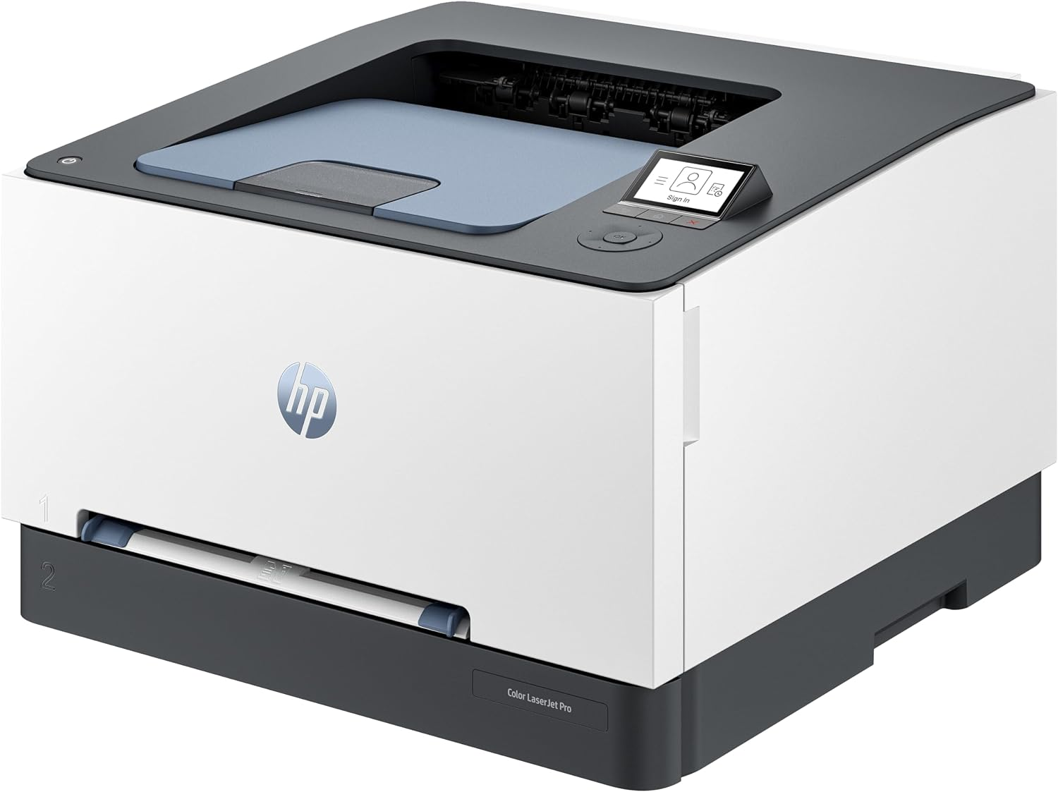 Una impresora HP Color LaserJet Pro blanca y gris. Muestra el logotipo de HP y una pantalla pequeña.