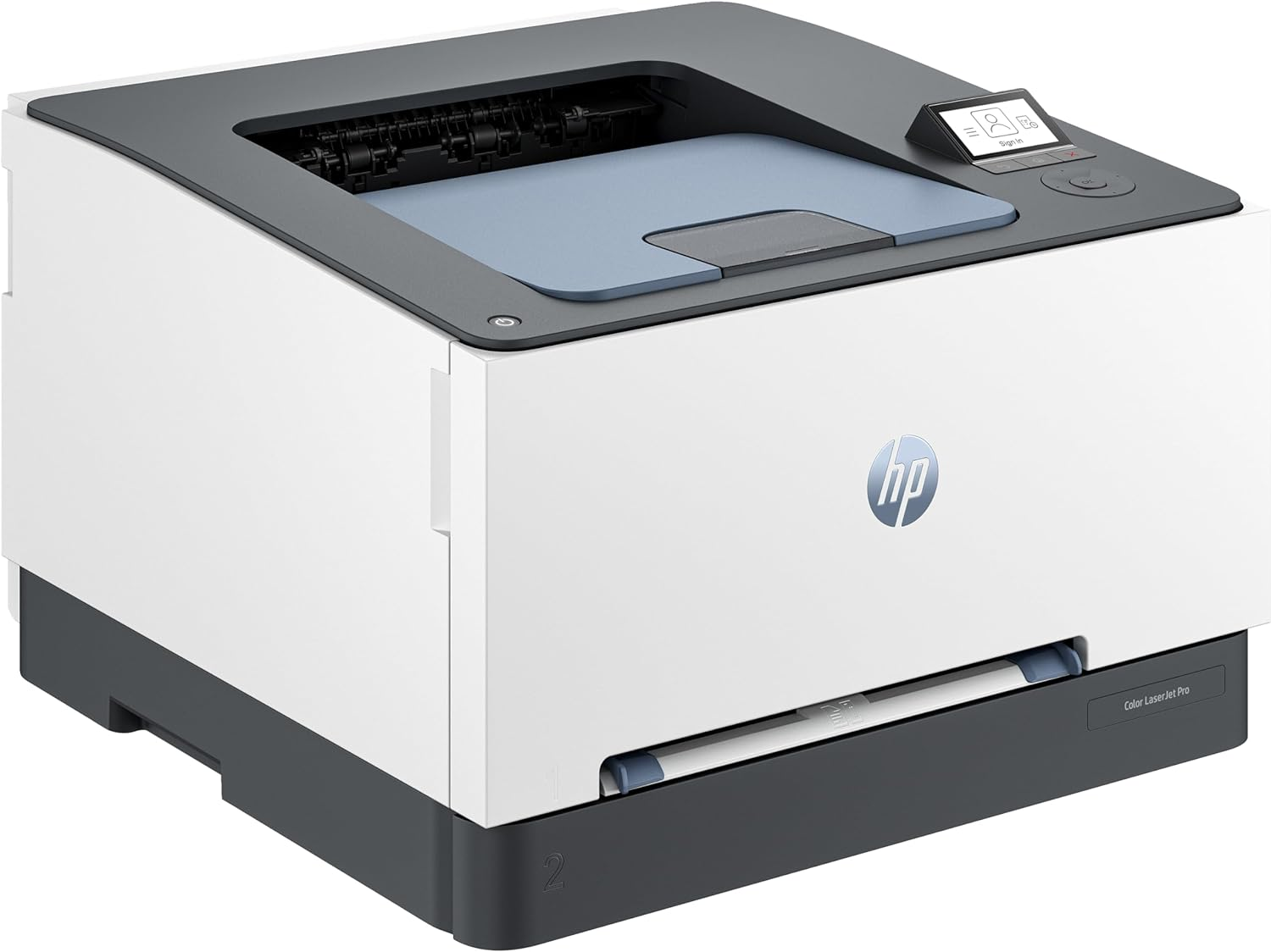 Una impresora HP Color LaserJet Pro blanca y gris. Muestra el logotipo de HP y una pantalla pequeña.