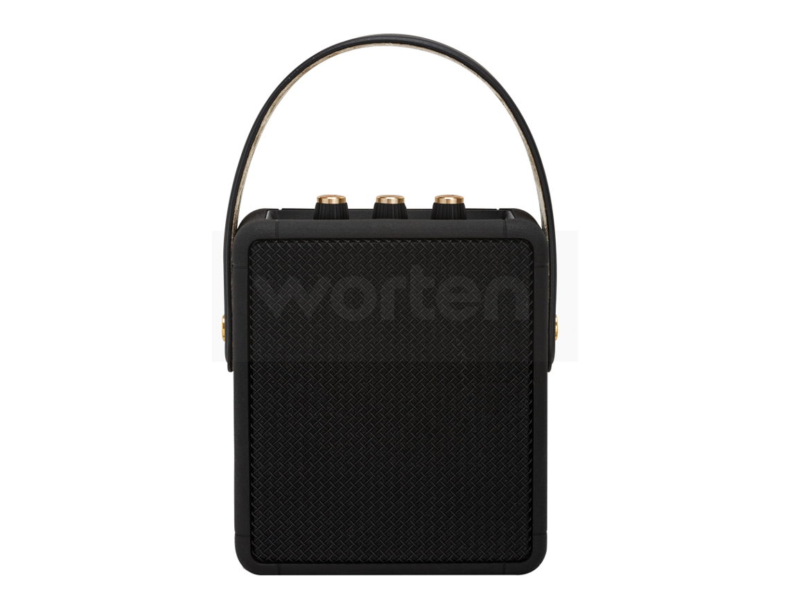 Altavoz negro de estilo retro con asa. Con perillas doradas y rejilla de altavoz tejida.